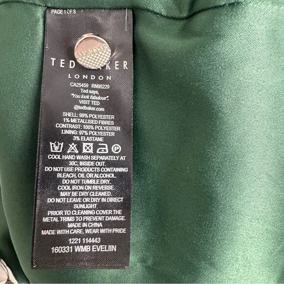 Ted Baker Evelin Floral Print Metallic Crepe Long Sheer Sleeve Green Blouse Sz 4 - Picture 13 of 15